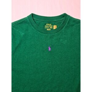 Polo Ralph Lauren Green Crew‎ Neck T Shirt Purple Pony Logo Men LG 14-16